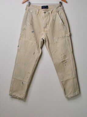 Abercrombie & Fitch Loose Carpenter Jeans Beige Paint Splatter Distressed 28